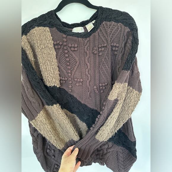 Vintage Patchwork Knit Sweater Brown Black Grunge Textured Uneven Hem sz L/XL - Picture 7 of 10